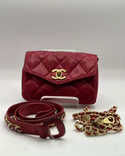 SOLD!!  Chanel red calf skin quilted turn lock belt bag pouch with removable crossbody chain