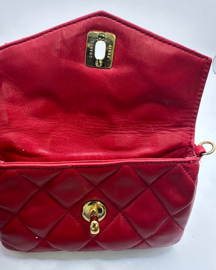 SOLD!!  Chanel red calf skin quilted turn lock belt bag pouch with removable crossbody chain