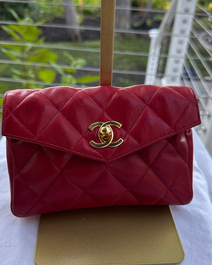 SOLD!!  Chanel red calf skin quilted turn lock belt bag pouch with removable crossbody chain