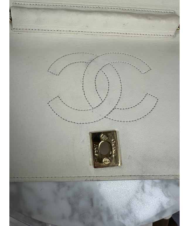 Sold!! Chanel cream quilted calfskin leather flap turn lock WOC crossbody bag