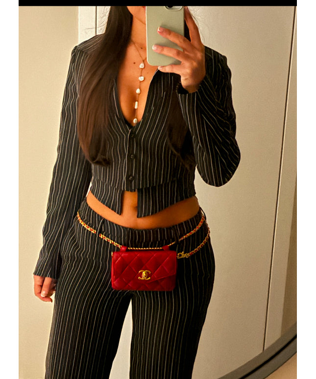 Chanel red calf skin quilted turn lock belt bag pouch with removable crossbody chain