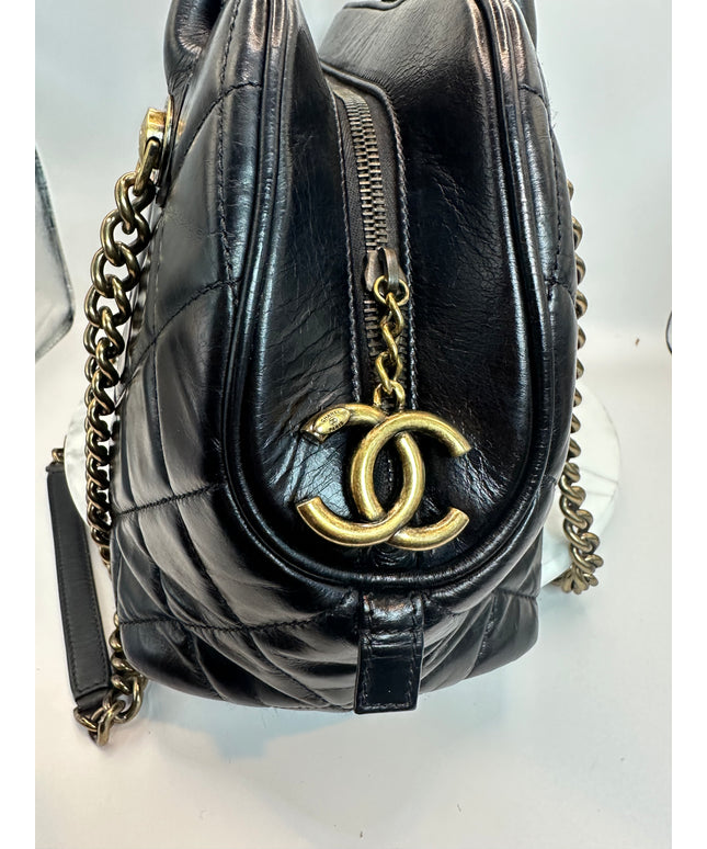 SOLD!! CHANEL BLACK QUILTED LEATHER BOWLER SHOULDER BAG