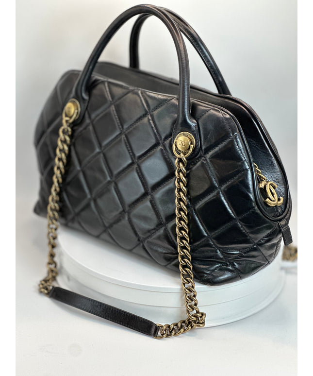 SOLD!! CHANEL BLACK QUILTED LEATHER BOWLER SHOULDER BAG