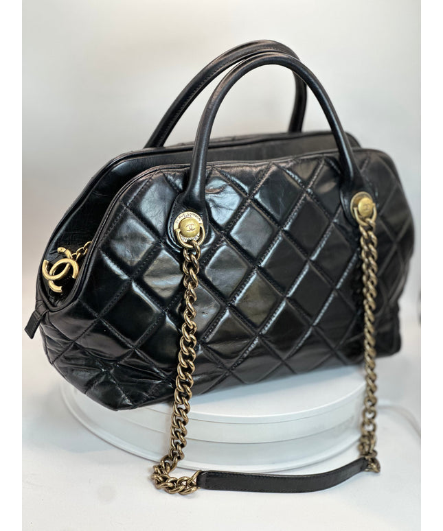 SOLD!! CHANEL BLACK QUILTED LEATHER BOWLER SHOULDER BAG