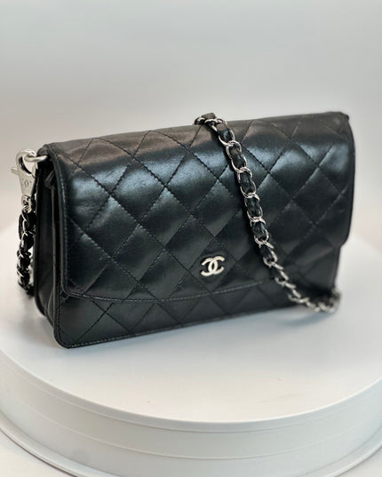 SOLD!! Chanel black quilted calfskin flap WOC silver chain crossbody bag