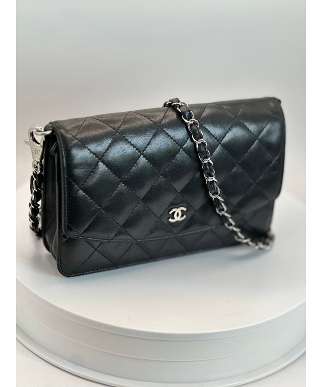 SOLD!! Chanel black quilted calfskin flap WOC silver chain crossbody bag