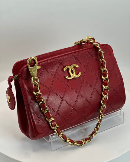 Chanel red lambskin leather pouch with crossbod chain strap bag