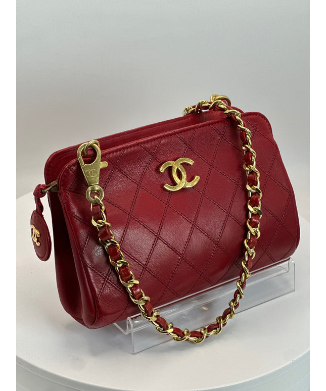 Sold!! Chanel red lambskin leather pouch with crossbod chain strap bag