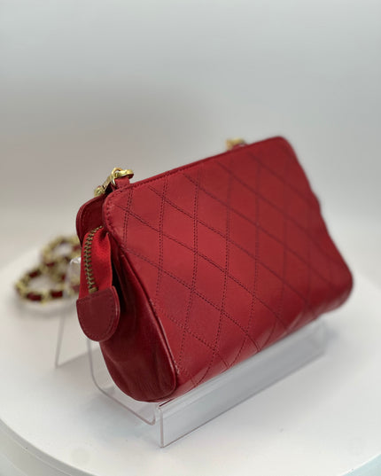 Chanel red lambskin leather pouch with crossbod chain strap bag