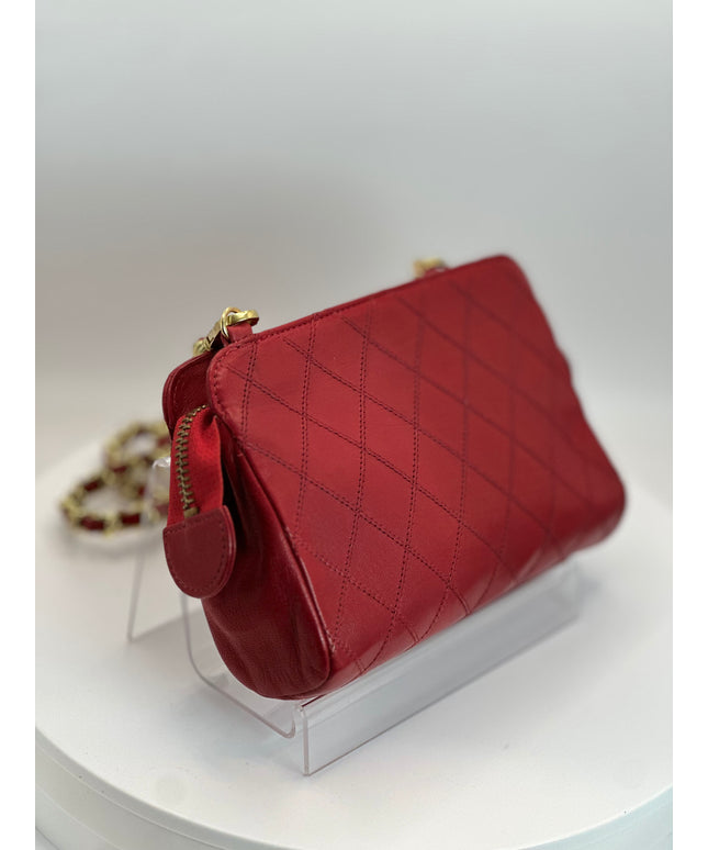Sold!! Chanel red lambskin leather pouch with crossbod chain strap bag
