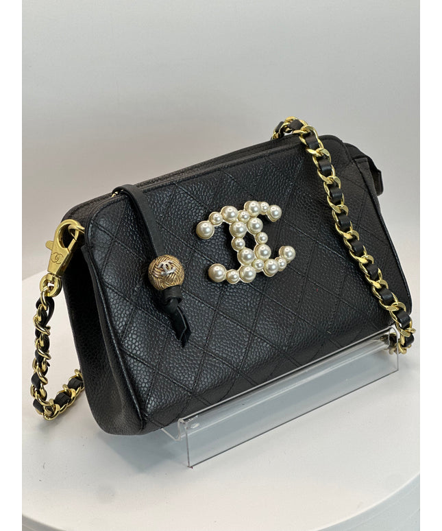 SOLD!! Chanel black caviar leather pouch with crossbod chain strap bag