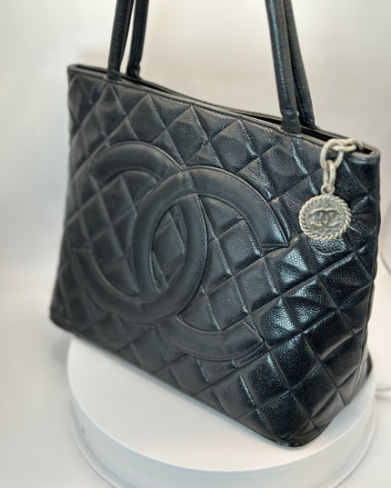 SOLD!! Chanel black caviar leather medallion tote