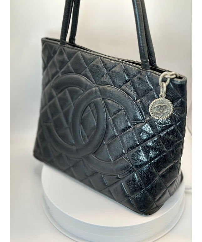 SOLD!! Chanel black caviar leather medallion tote