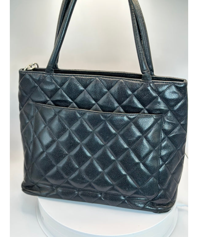 SOLD!! Chanel black caviar leather medallion tote