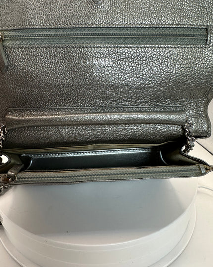 Chanel silver calfskin leather flap crossbody bag