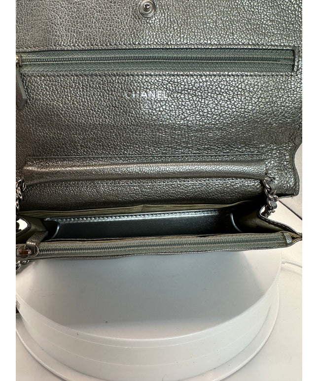 Chanel silver calfskin leather flap crossbody bag