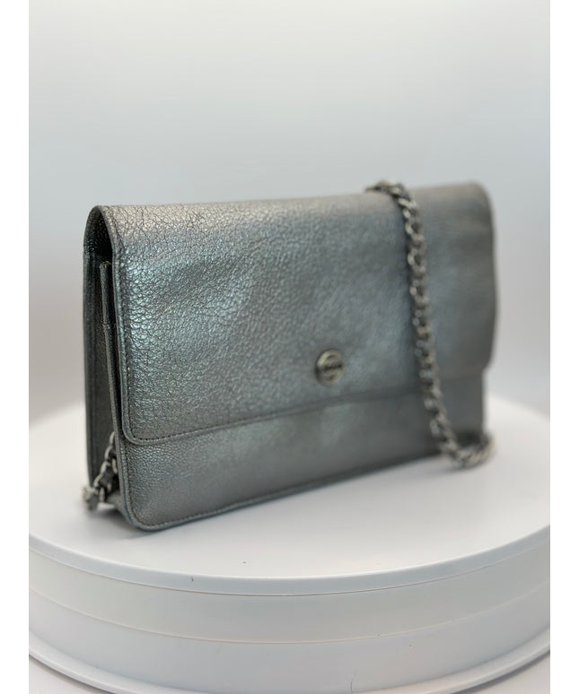 Chanel silver calfskin leather flap crossbody bag
