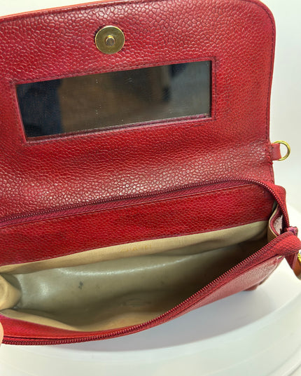 SOLD! Chanel red caviar flap crossbody bag with mirror