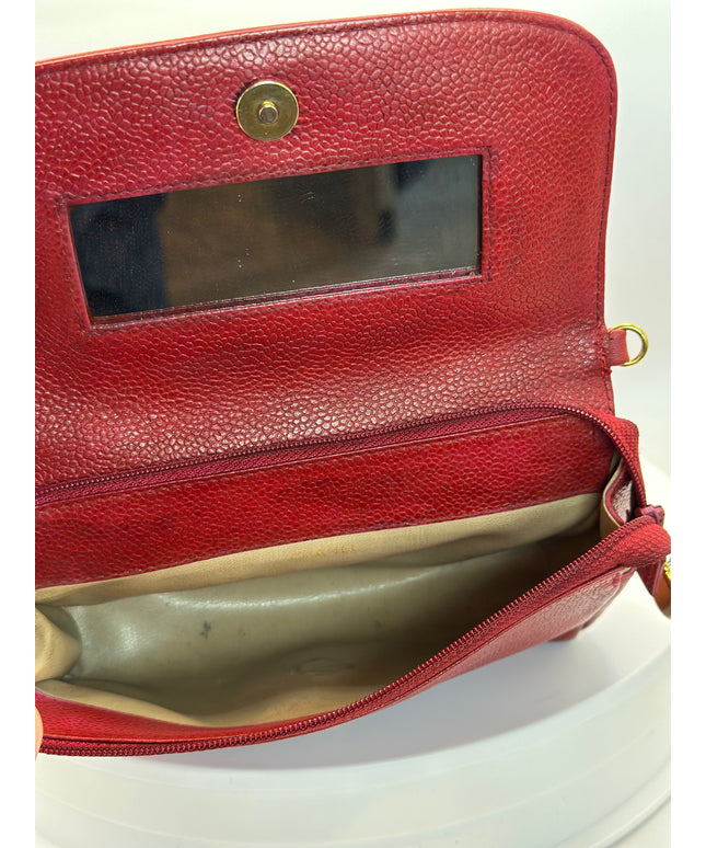 SOLD! Chanel red caviar flap crossbody bag with mirror