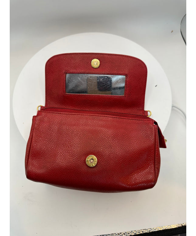 SOLD! Chanel red caviar flap crossbody bag with mirror