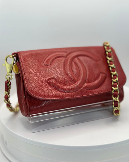 SOLD! Chanel red caviar flap crossbody bag with mirror