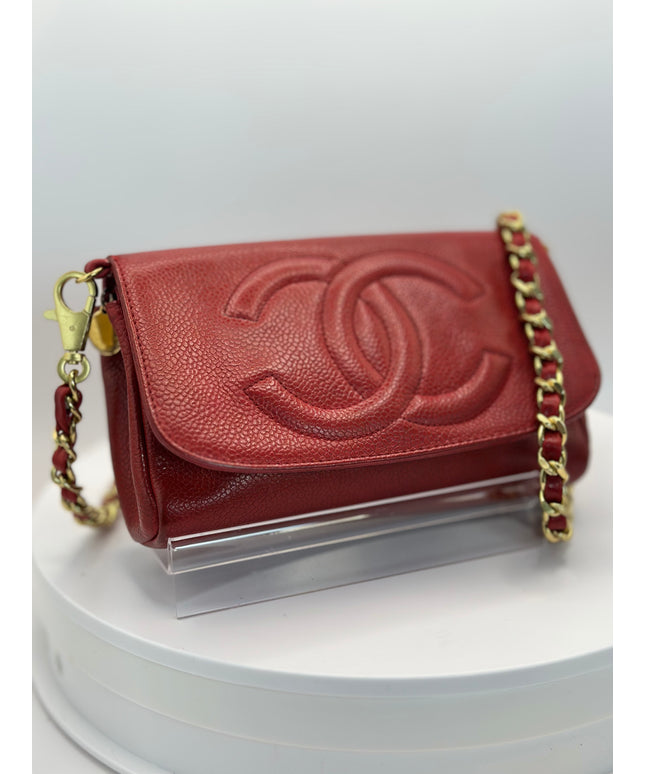 SOLD! Chanel red caviar flap crossbody bag with mirror