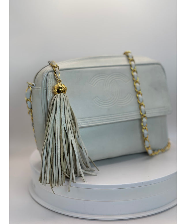 Chanel white calfskin leather flap camera crossbody bag with tassel