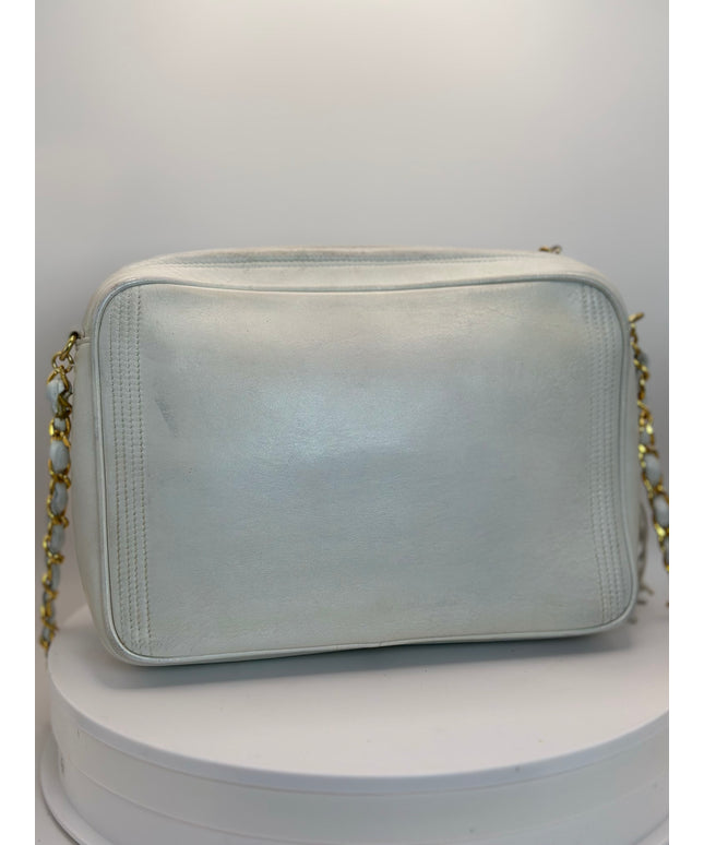 Chanel white calfskin leather flap camera crossbody bag with tassel