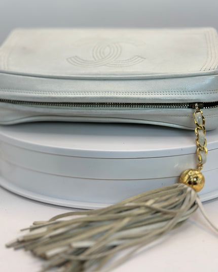 Chanel white calfskin leather flap camera crossbody bag with tassel