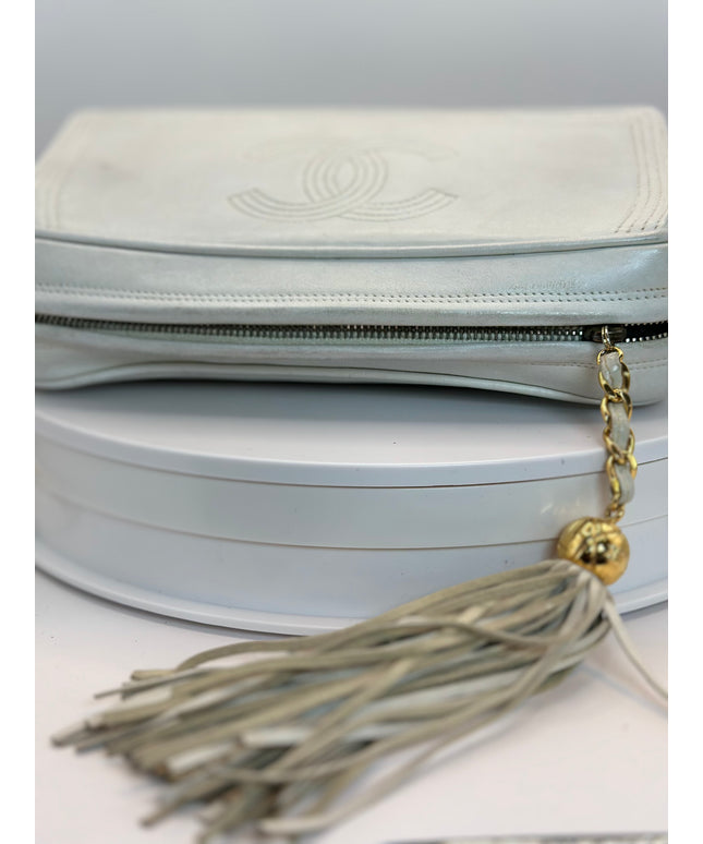 Chanel white calfskin leather flap camera crossbody bag with tassel