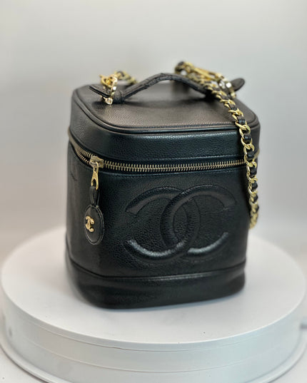 Chanel black caviar leather vanity top handle bag with removable strap