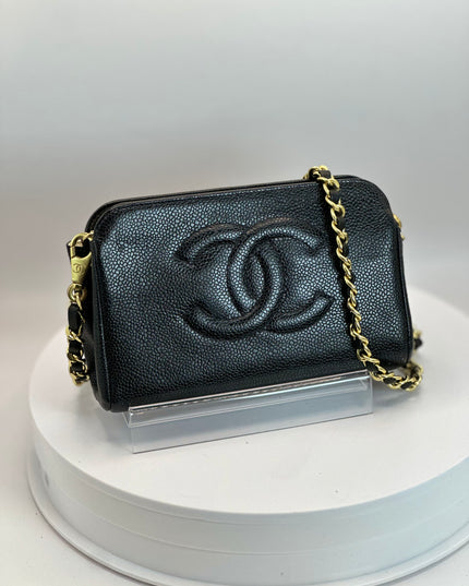 Chanel black caviar leather pouch with crossbody chain strap bag