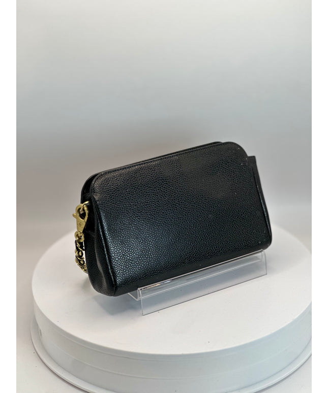 Chanel black caviar leather pouch with crossbody chain strap bag