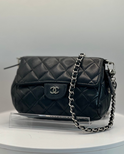 SOLD!! Chanel black quilted leather flap pouch with mirror crossbody