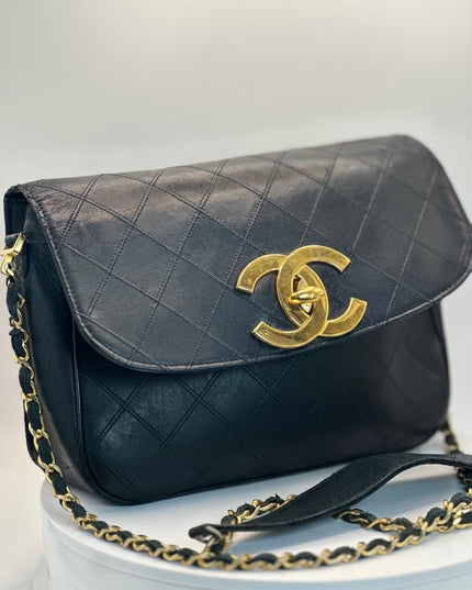 SOLD!! CHANEL black Decacoco Chain Lamb Skin 24K Gold turn lock crossbody bag