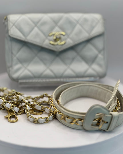 Chanel white quilted belt turn lock bag with crossbody strap