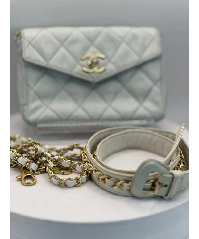 Chanel white quilted belt turn lock bag with crossbody strap