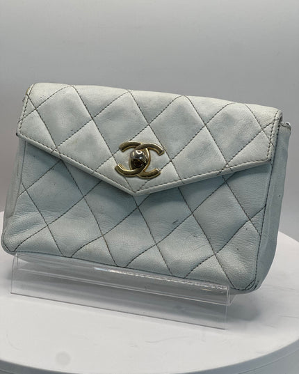 Chanel white quilted belt turn lock bag with crossbody strap