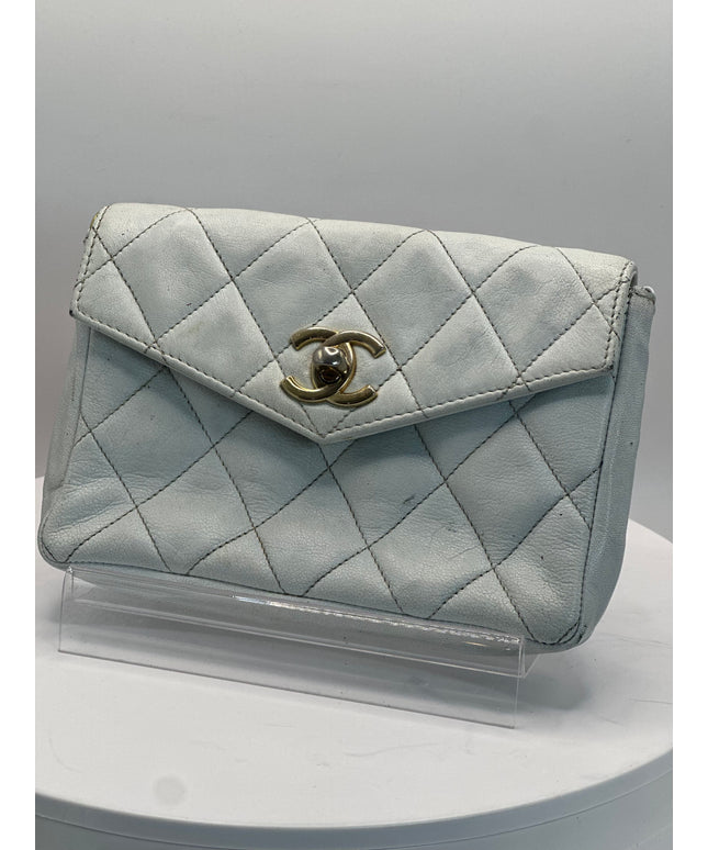 Chanel white quilted belt turn lock bag with crossbody strap