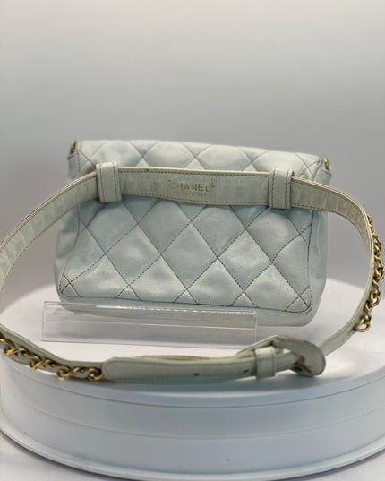 Chanel white quilted belt turn lock bag with crossbody strap