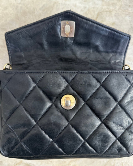 Chanel black quilted belt turn lock bag with crossbody strap