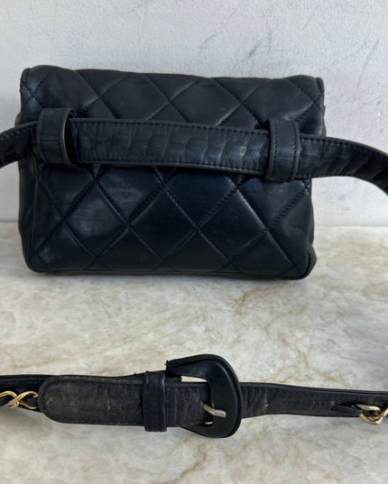 Chanel black quilted belt turn lock bag with crossbody strap