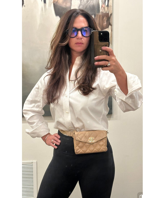 Chanel tan quilted belt turn lock bag with crossbody strap