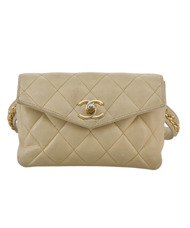 Chanel tan quilted belt turn lock bag with crossbody strap