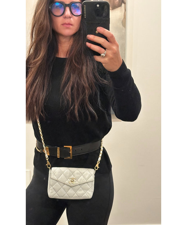Chanel white quilted belt turn lock bag with crossbody strap