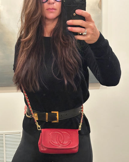 SOLD! Chanel red caviar flap crossbody bag with mirror