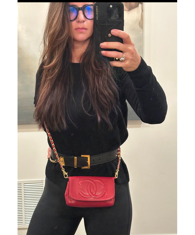 SOLD! Chanel red caviar flap crossbody bag with mirror