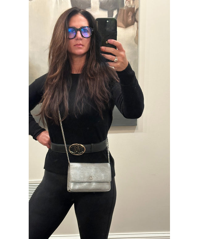 Chanel silver calfskin leather flap crossbody bag