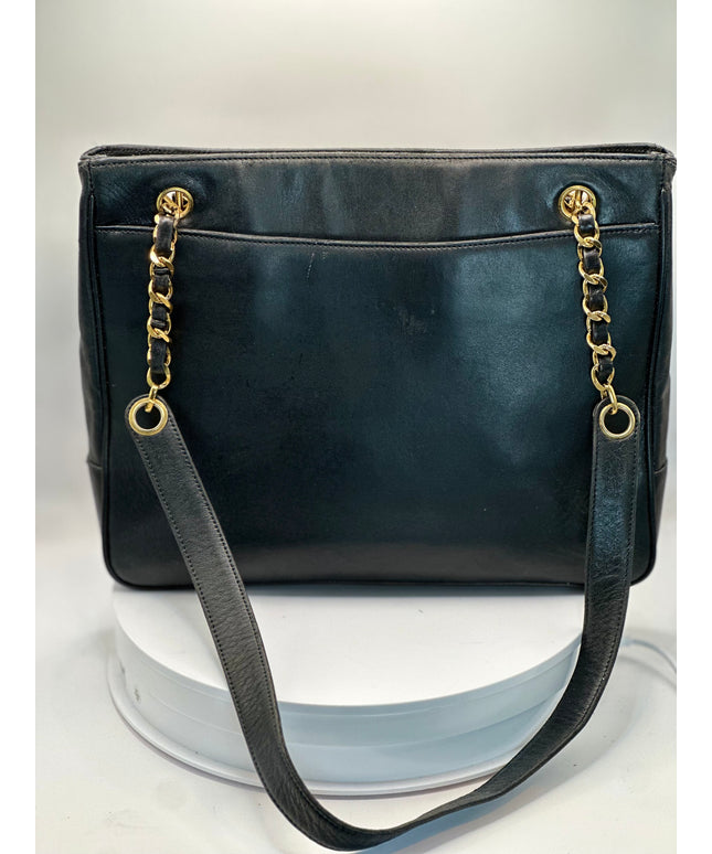 SOLD!! CHANEL Black calfskin leather Tote chain Bag