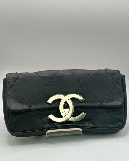 Chanel black calfskin quilted bag with large silver CC closure